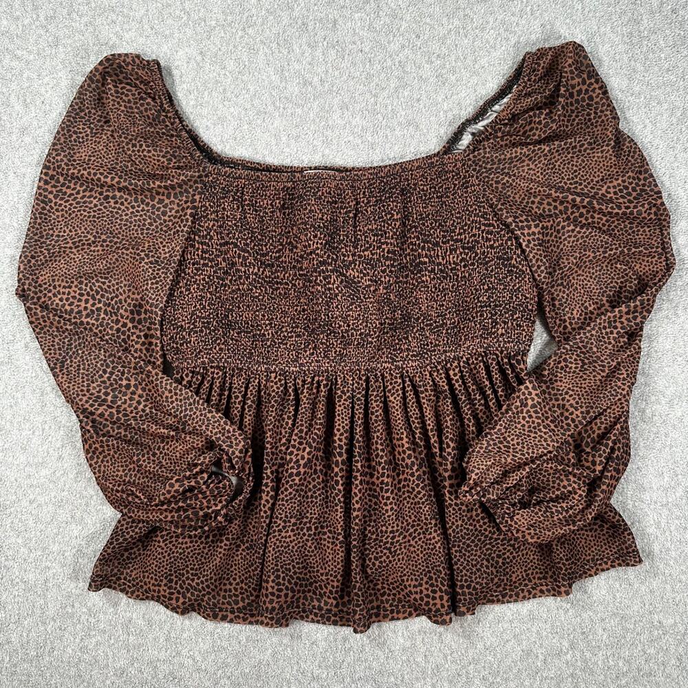 12 Thompson Animal Print Babydoll Blouse Women's Medium Brown Sheer Sleeve Smock